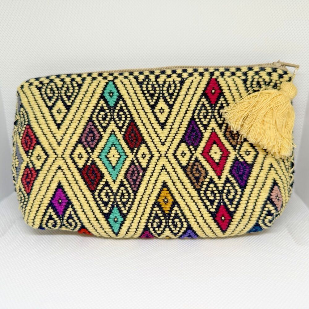 Vintage Artisan Handwoven Geometric Cosmetic Pouch Boho Tassel Makeup Bag